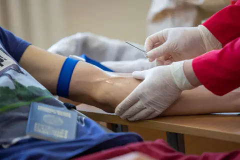 A gloved healthcare worker draws a blood sample from a patient's forearm using a butterfly needle.