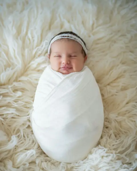 A newborn baby sleeps with a content smile, swaddled in a plain white blanket with a lace headband, on a cream faux-fur backdrop.