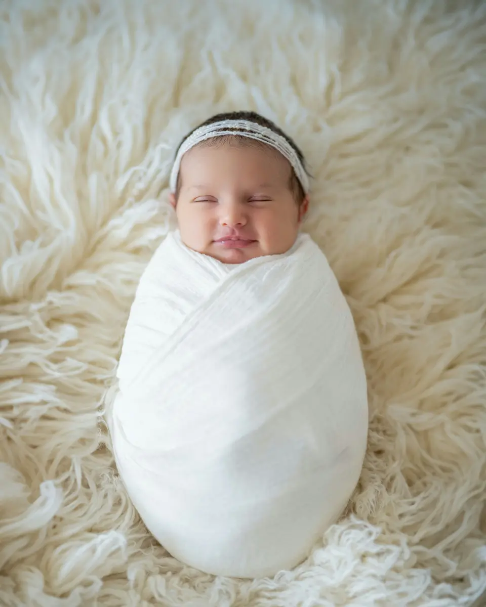 A newborn baby sleeps with a content smile, swaddled in a plain white blanket with a lace headband, on a cream faux-fur backdrop.